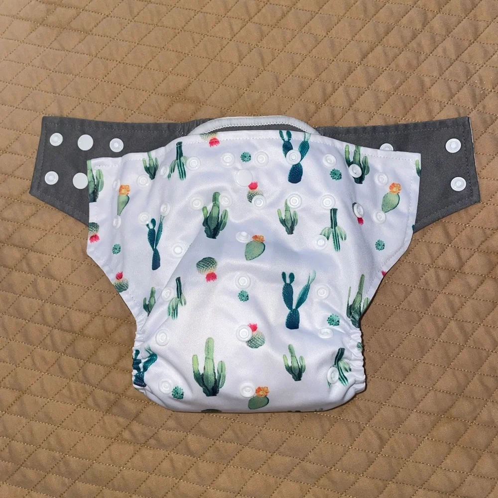 Green and White Cactus Print Diaper Cover with Adjustable Snaps